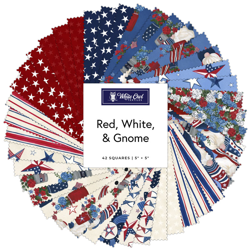 Circular collage of red, white, and blue novelty fourth of july fabric featuring patriotic gnomes, florals, stars, and stripes.