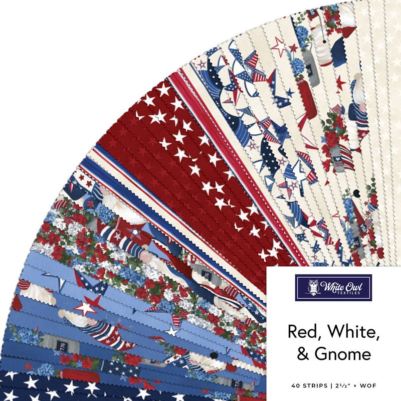 fanned collage of red, white, and blue novelty fourth of july fabric featuring patriotic gnomes, florals, stars, and stripes.