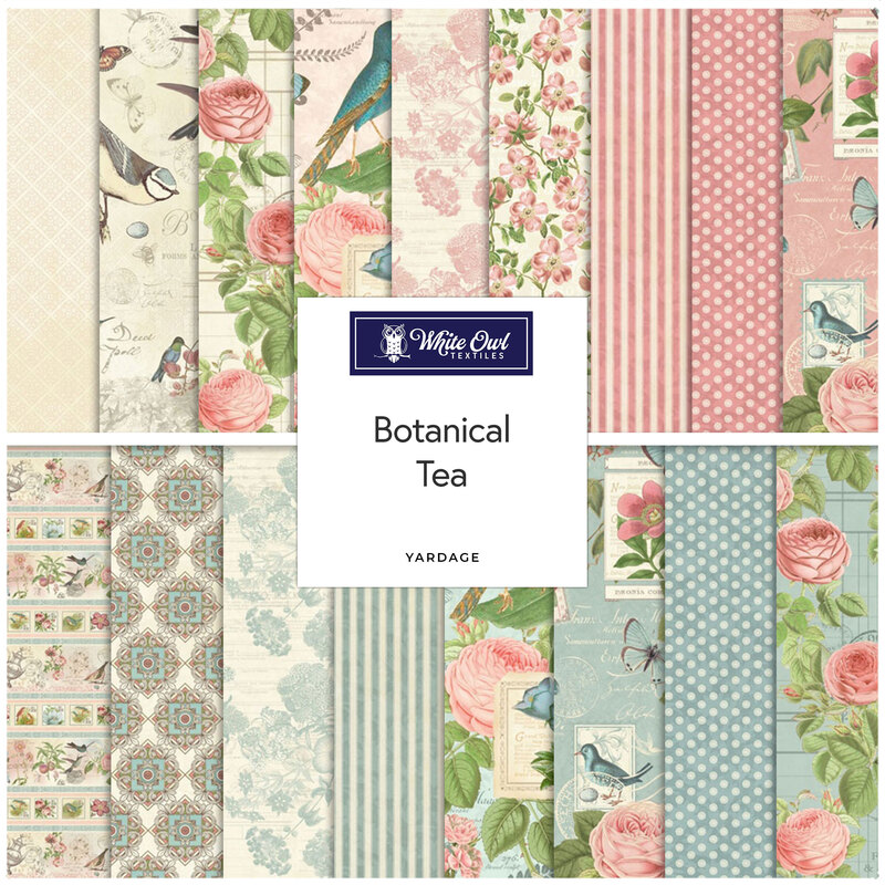 A fabric collage of shabby and pretty prints from the Botanical Tea collection by White Owl Textiles. 
