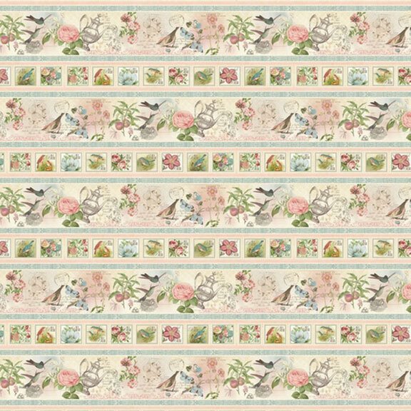 This shabby and pretty border-stripe fabric features rows of stamps intertwined with silver teapots, hummingbirds, butterflies, double roses, and elegant calligraphy.