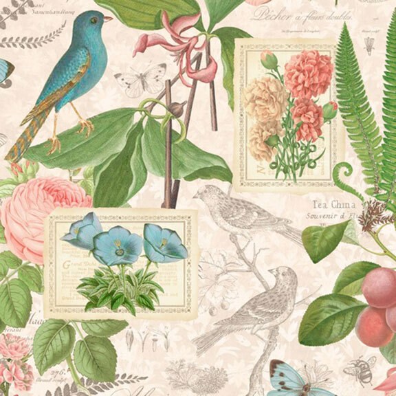 This cream fabric features a vintage scrapbook design with stamps, birds, butterflies, and double roses. 