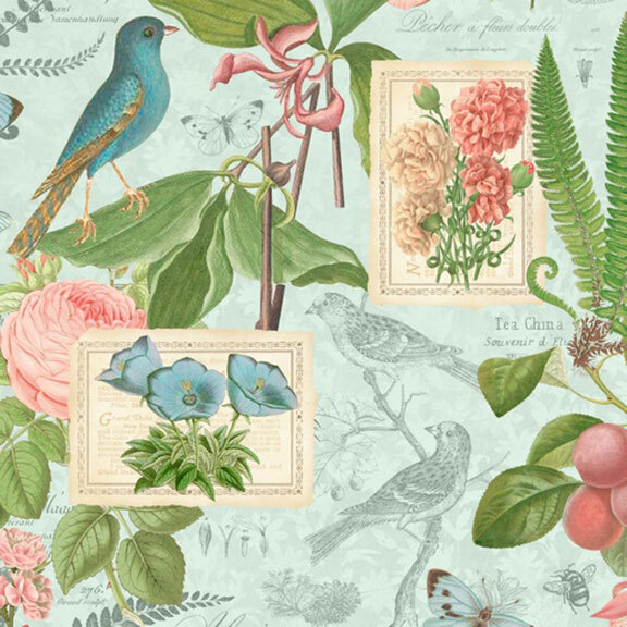 This faded blue fabric features a vintage scrapbook design with stamps, birds, butterflies, and double roses. 