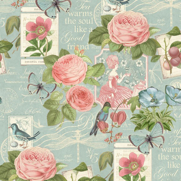 This faded blue fabric features a vintage scrapbook design with stamps, calligraphy, double roses, butterflies, and birds. 