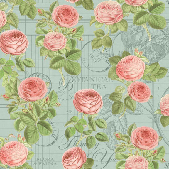 This faded blue fabric features double roses on a background of vintage scrapbook paper. 