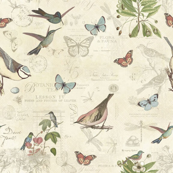 This cream fabric features a vintage scrapbook design with butterflies and birds. 