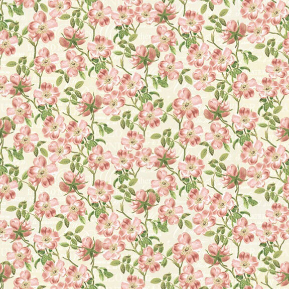 This cream fabric features packed wild roses and swirling vines. 