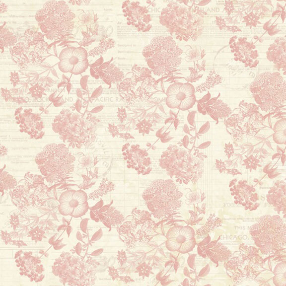 This cream fabric features rose pink florals over a newsprint design. 