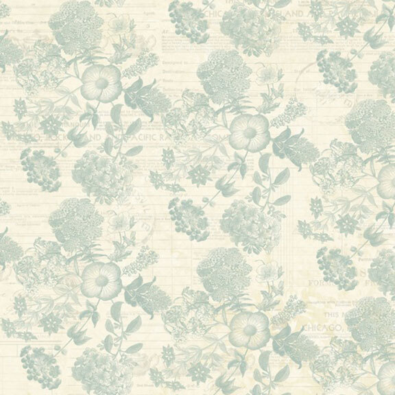 This cream fabric features faded blue florals over a newsprint design. 