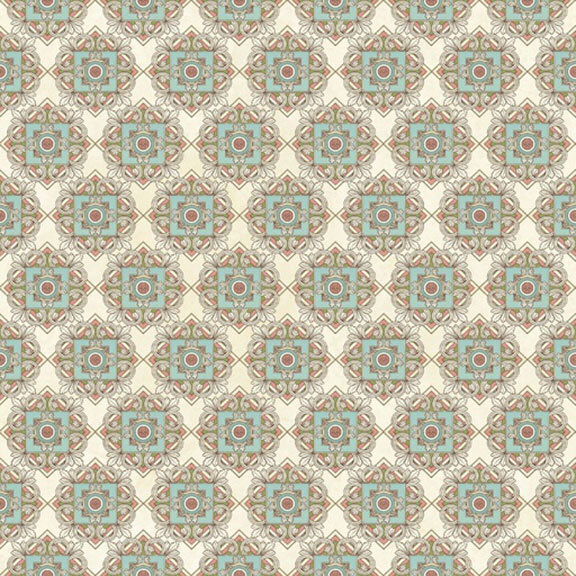 This cream fabric features ornate, tile inspired blocks. 