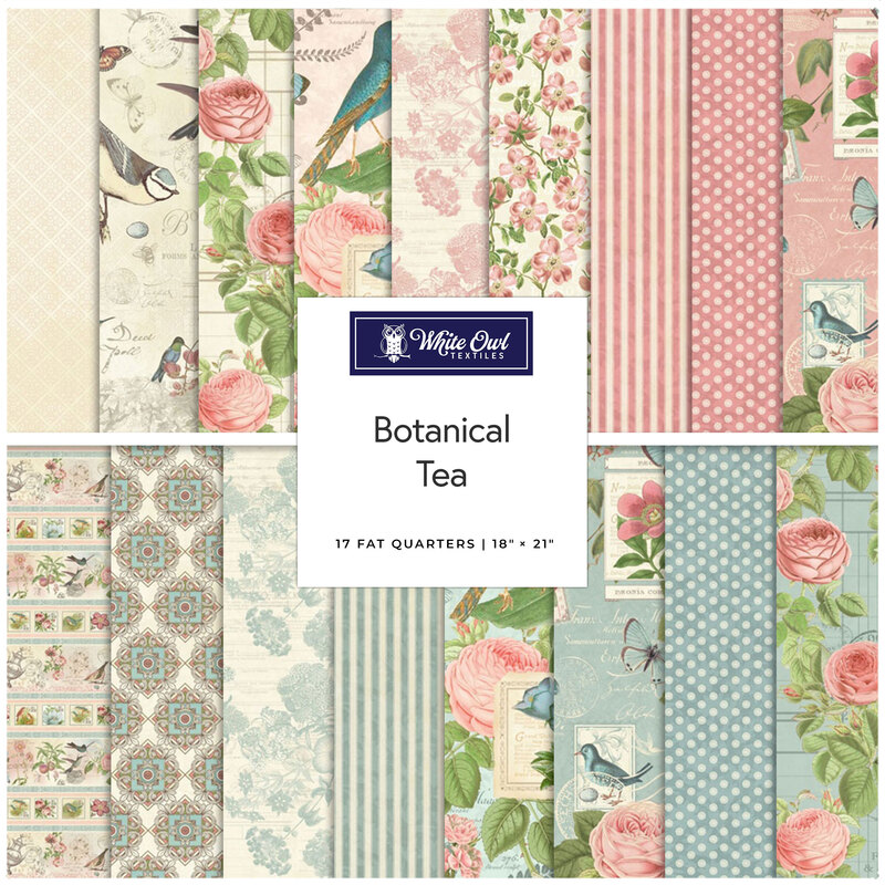 A fabric collage of shabby and pretty prints from the Botanical Tea collection by White Owl Textiles. 