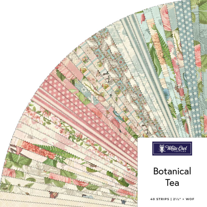 A fanned fabric collage of shabby and pretty prints from the Botanical Tea collection by White Owl Textiles. 