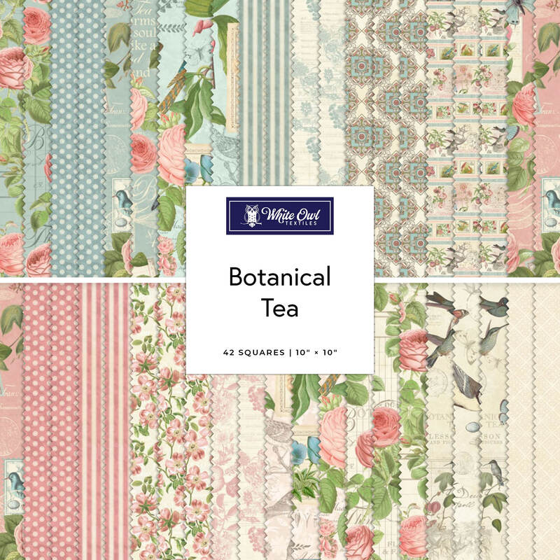 A fabric collage of shabby and pretty prints from the Botanical Tea collection by White Owl Textiles. 