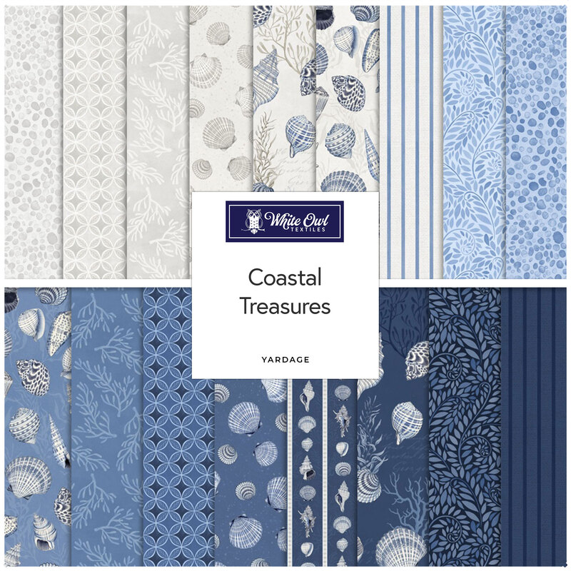 Square collage of ocean themed fabrics in hues of blue, white, and grey.