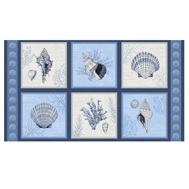 dark navy panel fabric featuring blue and white squares filled with seashells, coral, and cursive script with a seashell border.
