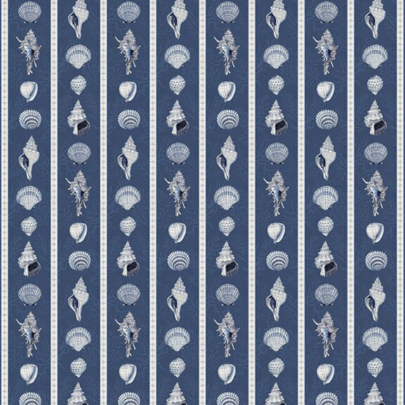 dark navy border print featuring horizontal rows of seashells separated by white and grey decorative stripes