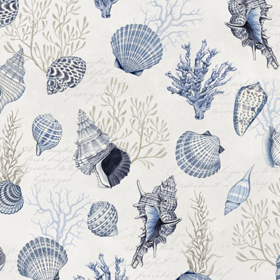 scattered pattern of blue and taupe seashells, coral, seaweed, accented with cursive script on a soft ivory background.