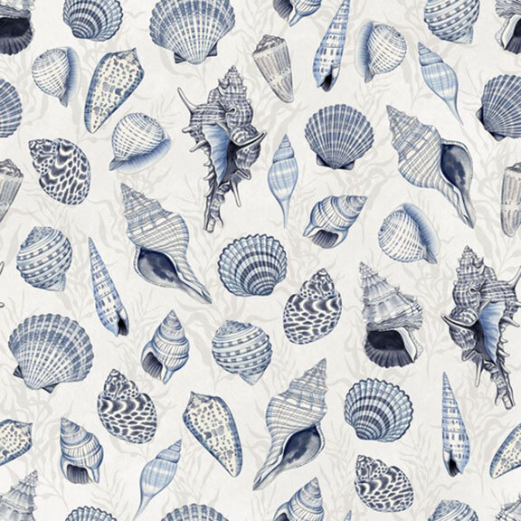 blue and white seashells scattered on a soft ivory background featuring shadowed seaweed.