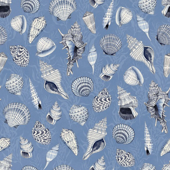 blue and white seashells scattered on a blue background featuring shadowed seaweed.