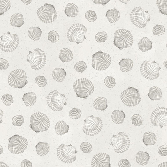 grey and white seashells tossed across a speckled ivory background. 