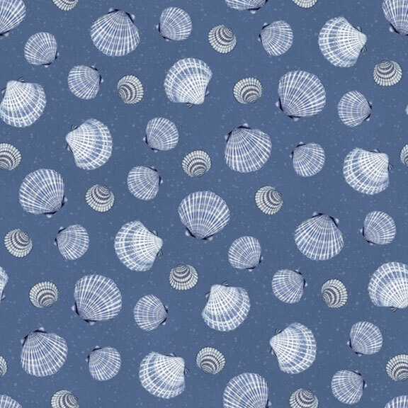 blue and white seashells tossed across a speckled steel blue background. 