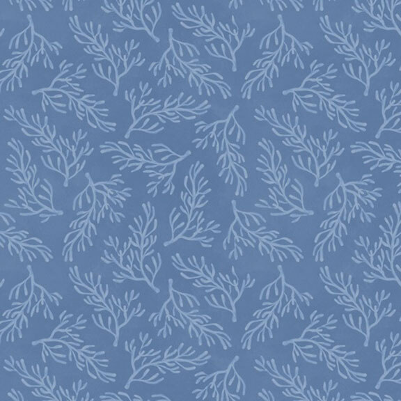 tonal coral motifs tossed across a blue background.