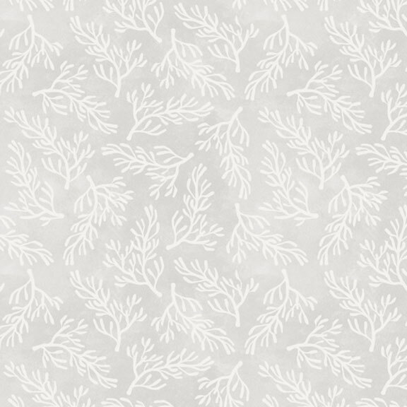 white coral motifs tossed across a mottled grey background.