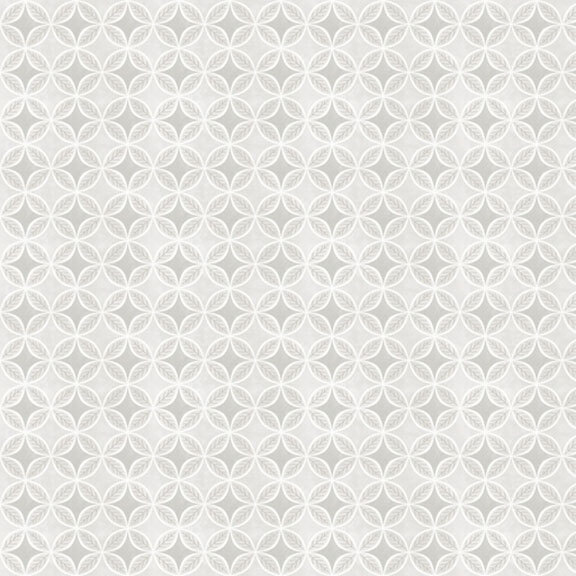 tonal grey geometric print of connecting circles with subtle coral motifs and diamonds in the centers.