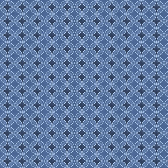tonal blue geometric print of connecting circles with subtle coral motifs and diamonds in the centers.