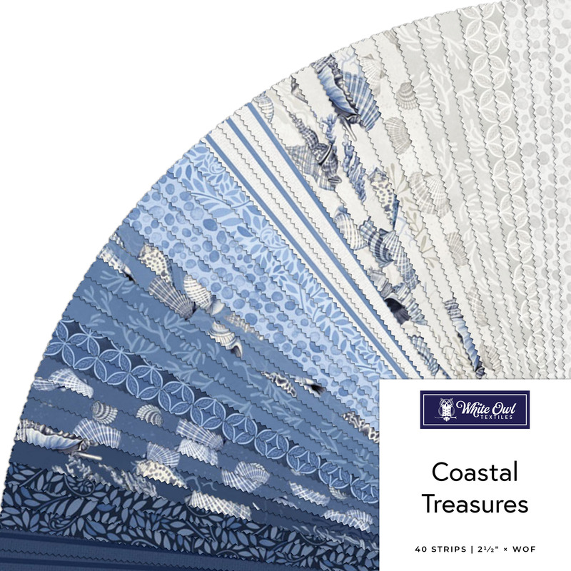 fanned collage of ocean themed fabrics in hues of blue, white, and grey.