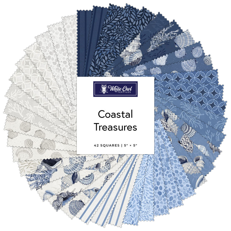 circular collage of ocean themed fabrics in hues of blue, white, and grey.