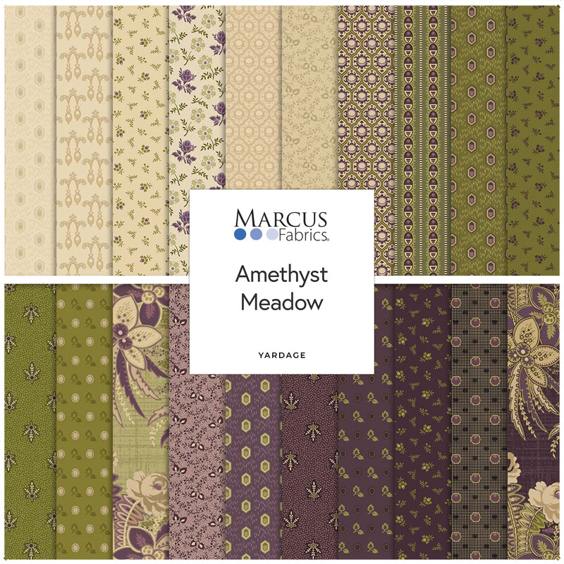 Digital collage of the available yardage fabrics from the Amethyst Meadow fabric collection.