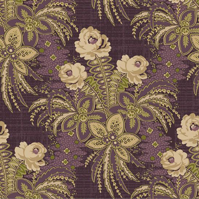 Textured soft plum fabric with lush, grand florals in cream, green, and purple colorways.