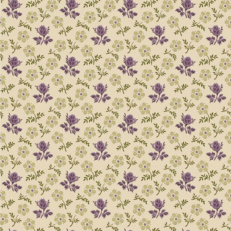 Light tan fabric with a light texture topped with alternating stylized green and purple florals.