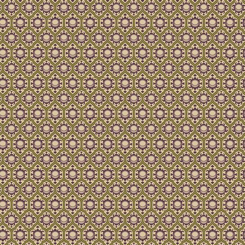 Multicolored tan, green, and purple fabric with an intricate, ornamental trellis pattern filled with stylized circles.
