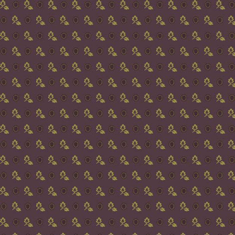 Plum purple fabric with a staggered grid of deep purple ovals and soft green leaves.