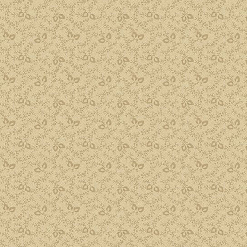 Soft tan neutral fabric with a light texture and intricate pattern of small leaves and vines.