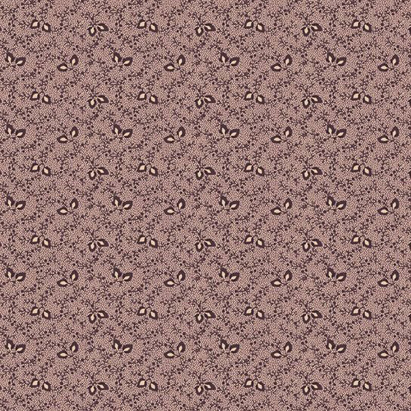Pale mauve fabric with a light texture and intricate pattern of small leaves and vines.