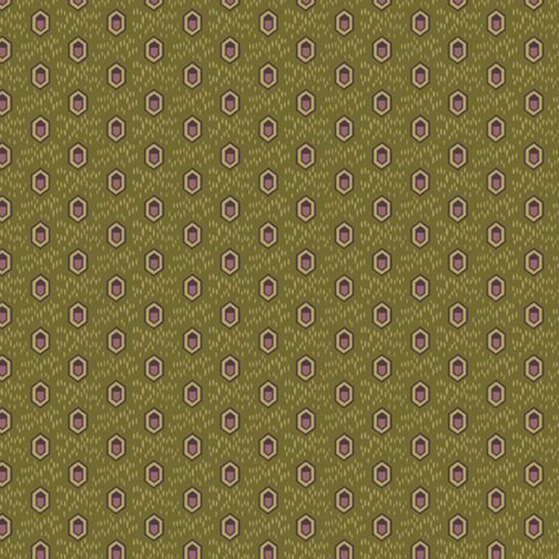 Olive green fabric with a light tan texture topped with plum, staggered honeycomb shapes.