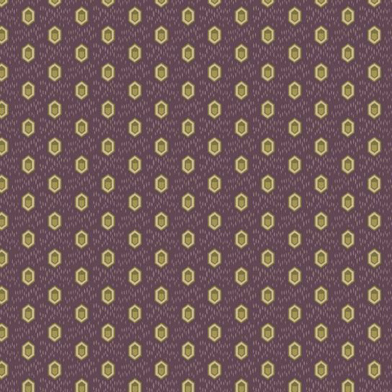 Plum purple fabric with a light texture topped with olive green, staggered honeycomb shapes.