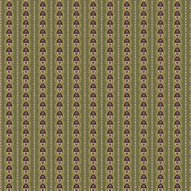 Dark sage fabric with thin purple-cream stripes and a vertical split oval repeat.