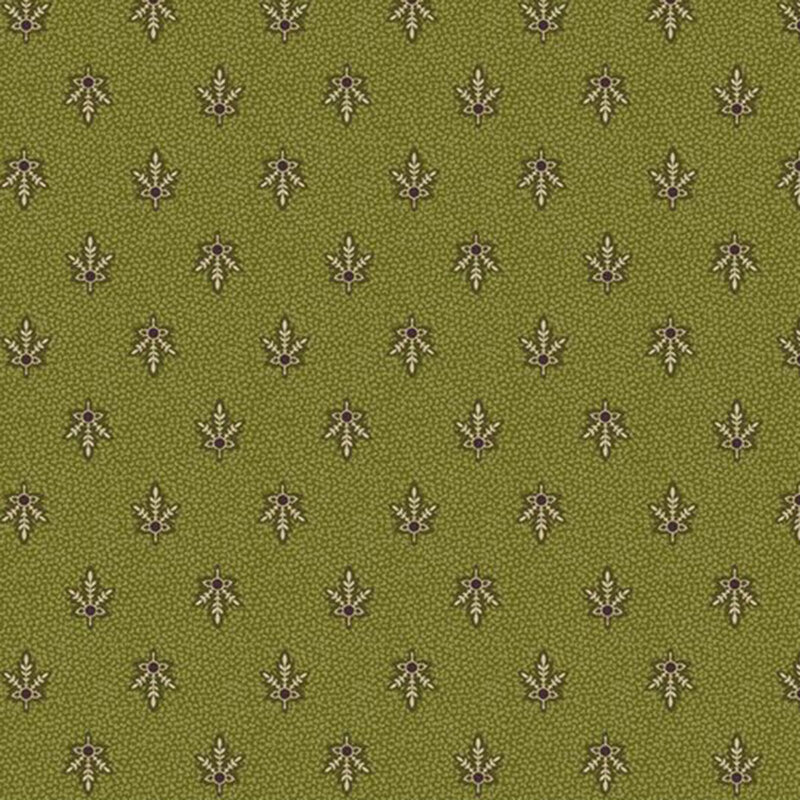 Olive green fabric with a light texture topped with staggered and flipped lemongrass green fern leaves.