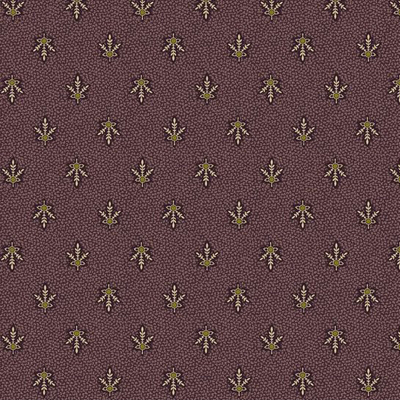Plum purple fabric with a light texture topped with staggered and flipped cream-colored fern leaves.