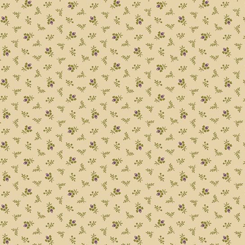 Cream fabric with a floral toss of stylized purple coxcomb florals and green sprigs.