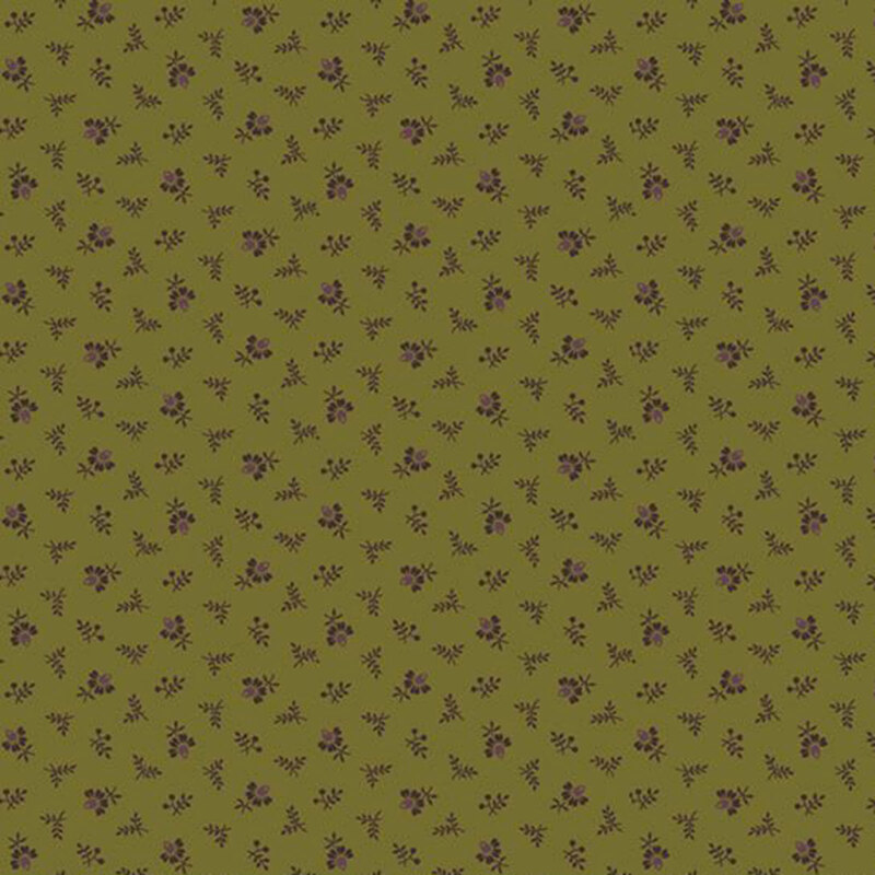 Dark olive green fabric with a floral toss of stylized purple coxcomb florals and sprigs.