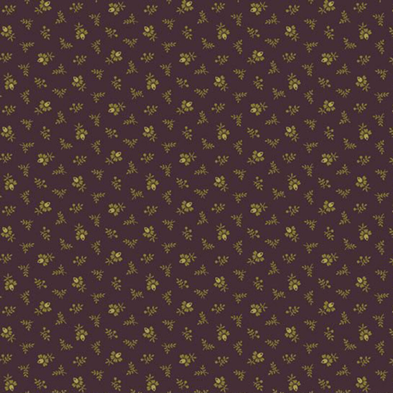 Plum purple fabric with a floral toss of stylized olive green coxcomb florals and sprigs.
