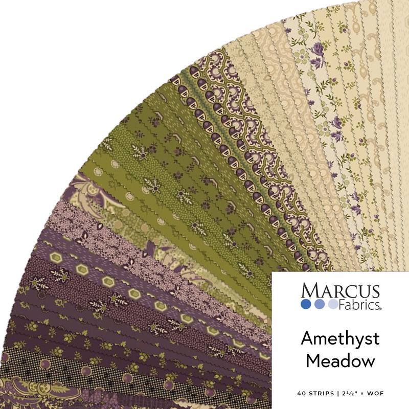 Digital collage of the Jelly Roll Bundle from the Amethyst Meadow fabric collection.