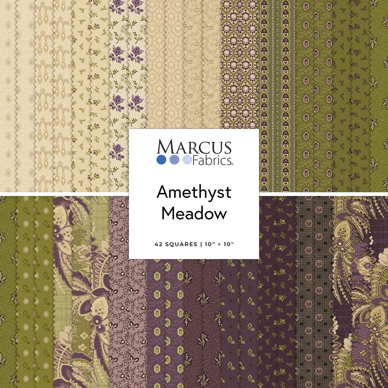 Digital collage of the Layer Cake Bundle from the Amethyst Meadow fabric collection.