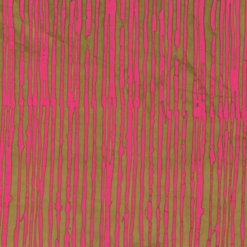 A bright pink batik fabric featuring irregular olive brown vertical stripes.