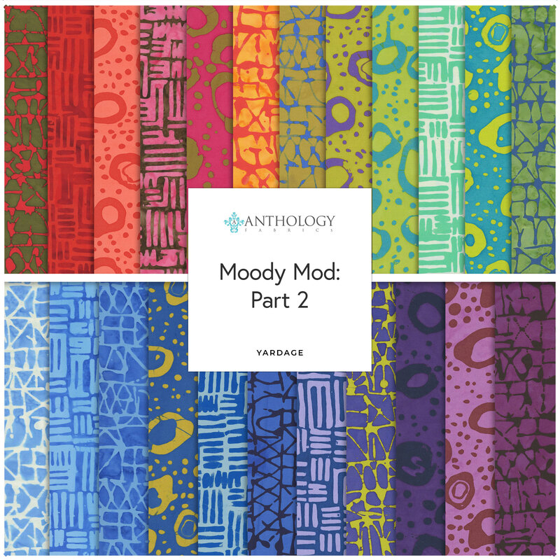 Collage of the fabrics featured throughout the Moody Mod: Part 2 batik collection, arranged in rainbow order.
