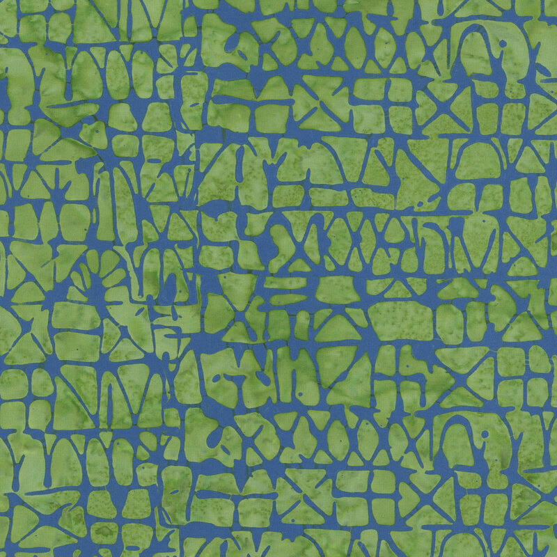 Tea green fabric with structured rows of irregular lines in dark blue.